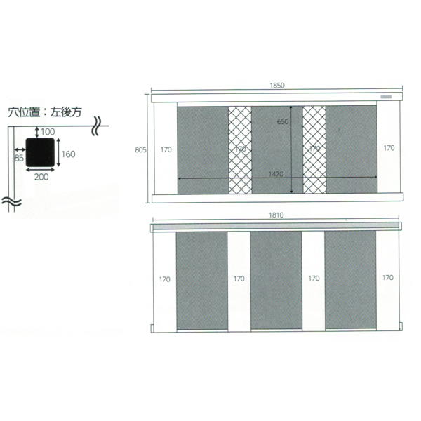 マーフィードウッドキャビ1800×600ダークブラウンの寸法と穴の位置