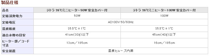 26℃ミニヒーター 安全カバー付の製品仕様